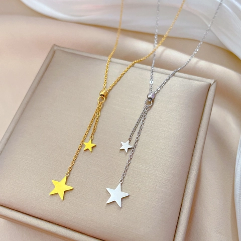 Collana Lariat Con Ciondolo A Stella Acciaio Al Titanio Placcato Oro Doppia Stella Nappa Minimalista Da Donna
