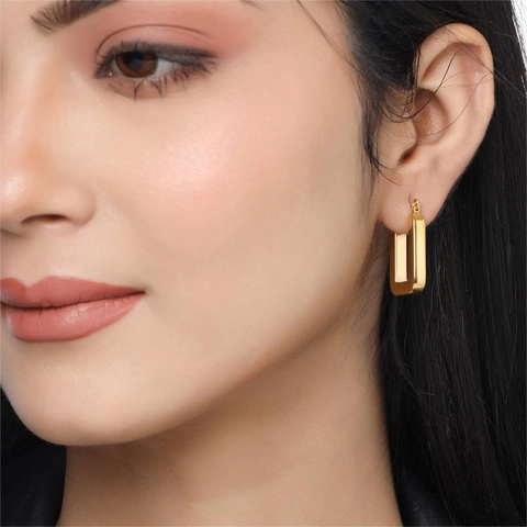 Orecchini A Cerchio Rettangolari In Acciaio Inossidabile Placcato Oro 18K Lucidato Gioielli Geometrici Minimalisti Da Donna