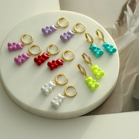 Gummy Bear Pendant Hoop Earrings Colorful Copper Micro Pave Cubic Zirconia Fashion Jewelry For Women Girls Cute Gift