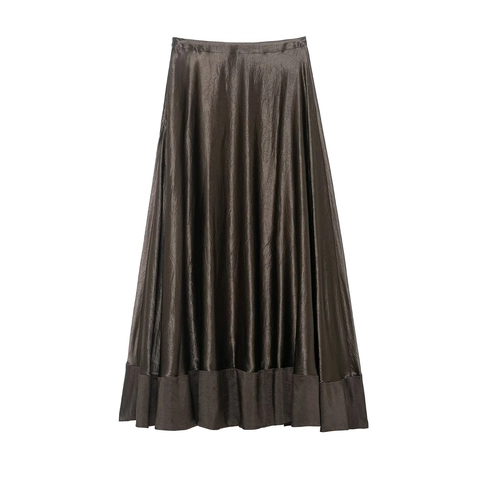 Satin Midi Skirt Metallic Texture High Waist Elegant A-Line Straight Bronze Coffee Brown Solid Color Polyester For Women