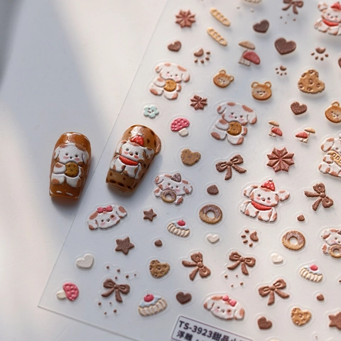 Adesivi Unghie Rilievo 5D 3D Cartone Animato Cane Dolce Donut Fiocco Cuore Motivi Adesivi Decorazione Manicure DIY
