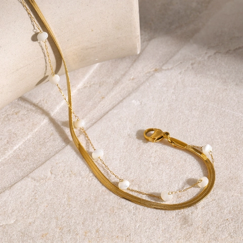 18K Gold Plated Stainless Steel Double Layer Anklet For Women Flat Snake Bone Chain Shell Artificial Pearl Bead Foot Jewelry