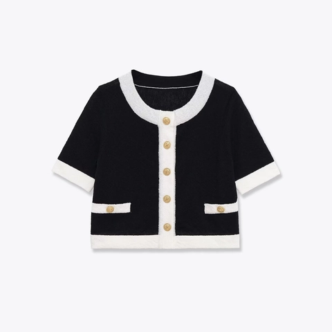 Cárdigan De Punto De Manga Corta Para Mujer Color Contrastado Estilo Tweed Botones Dorados Cuello Redondo Ajustado