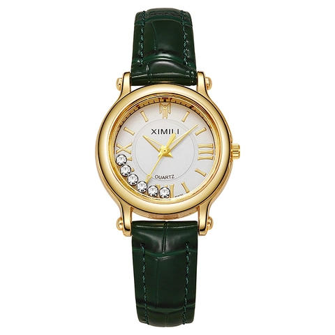 Women Quartz Watch Alloy Case PU Leather Strap Floating Rhinestone Small Dial Elegant Fashion Wristwatch For Ladies