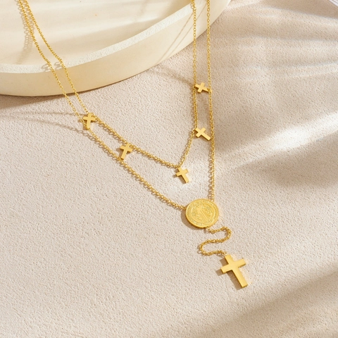 Edelstahl Zweilagige Halskette Mit Kreuzanhängern Und Religiöser Medaille Modeschmuck Accessoires Für Frauen