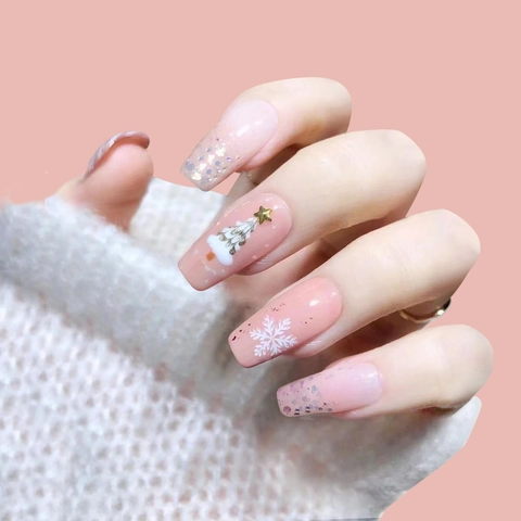 Christmas Snowflake Press On Nails Coffin Pink Gradient Fake Nails Gold Tree Glitter For Women Winter Holiday Party