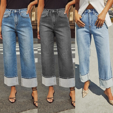 Women Vintage High Waisted Straight Leg Denim Jeans With Oversized Folded Hem Cuffed Urban Streetwear Long Pants