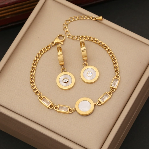 Stainless Steel Necklace With Zircon Square Geometric Mother Of Artificial Pearl And Roman Numerals Elegant Women Fashion