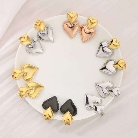 Boucles D'oreilles Cœur En Acier Inoxydable Double Empilées Bicolores Or Argent Color Block Puces Pour Femmes