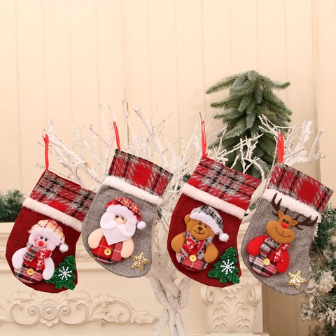 Plaid Christmas Stocking Burlap Fabric Hanging Ornament With Santa Snowman Reindeer Bear For Xmas Gift Bag Holiday Home Decor