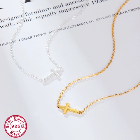 Minimalist Sideways Cross Pendant Necklace 925 Sterling Silver Dainty Clavicle Chain For Women