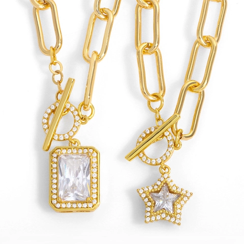 Collar De Cobre Chapado En Oro Con Colgante De Circón Cadena De Clip Cierre De Palanca Joyería De Moda Para Mujer