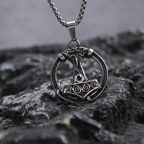 Mjolnir Viking Hammer Pendant Necklace Stainless Steel Rune Retro Polished Nordic Amulet Jewelry For Men
