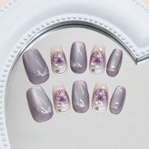 Handmade Purple Cat Eye Press On Nails With Butterfly Design And Rhinestones Glitter Square False Nails For Women
