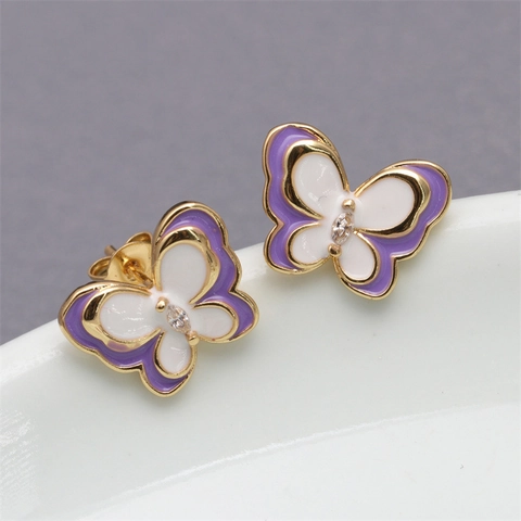 Butterfly Stud Earrings Colorful Enamel Drip Oil Copper Gold Plated With Clear Zircon Animal Jewelry For Women Girls