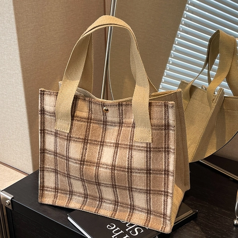 Borsa Termica Vintage a Scacchi in Cotone e Lino Borsa Tote Retro Plaid Borsa a Mano Portatile Piccola Borsa a Tracolla Donna Daily