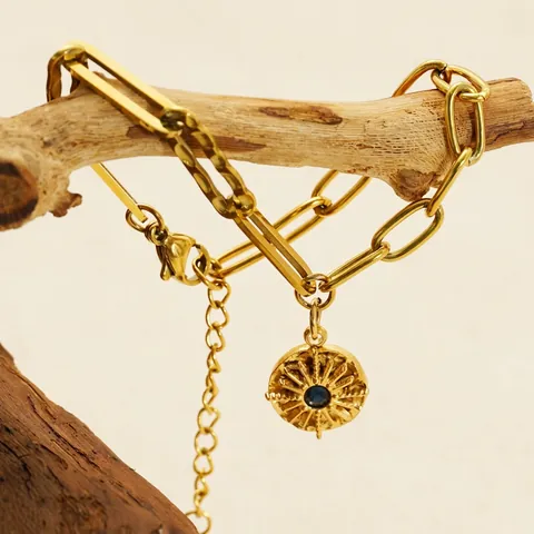 Gold Plated Edelstahl Büroklammerkette Armband Mit Sonnenanhänger Und Blauem Edelstein Für Damen Verstellbar
