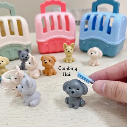 Plastic Pet Care Role Play Toy Portable Puppy Cage With Miniature Dog Figures Grooming And Feeding Accessories For Kids