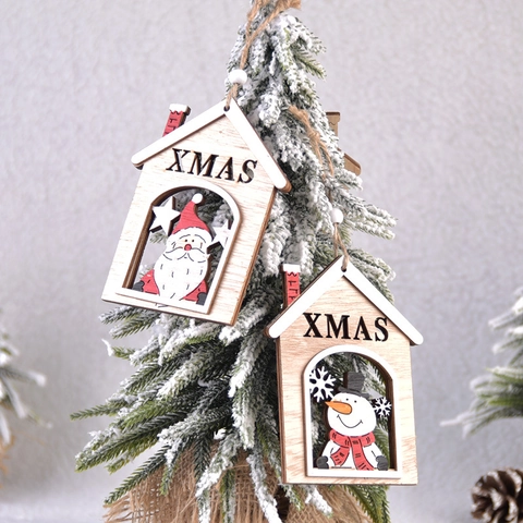Ornamenti Appesi In Legno Di Natale Casetta Dipinta Cava Segno Xmas Babbo Natale Pupazzo Di Neve Renna Motivi Decorazione Albero Rustico