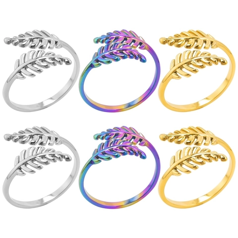 Anello Aperto a Foglia in Acciaio Inossidabile Minimalista Vintage da Donna Anello Regolabile a Piuma Oro Argento Arcobaleno Gioielli Regalo