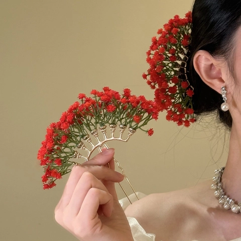 Bloem Haarspeld Gouden Legering Waaiervormig Gedroogde Gipskruid Gypsophila Cluster Elegant Vintage Bruids Haarspeld Voor Dames