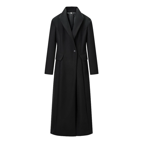Women Long Coat Elegant Woolen Blend Suit Collar Slim Fit One Button Solid Color Outerwear Casual Stylish Overcoat