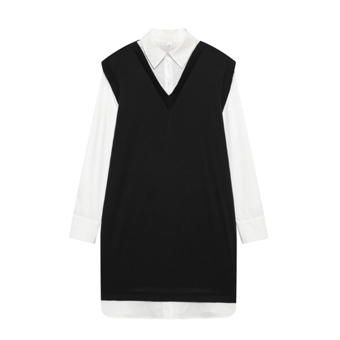 Dames Patchwork Layered Look Mini Jurk Lange Mouwen Revers Overhemd Gebreid Vest Casual Chic Mode