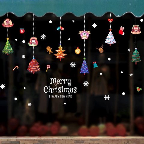 Christmas Window Stickers PVC Static Cling Cartoon Reindeer Snowflake Decals For Holiday Home Store Decor Glass Mural