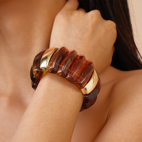 Vintage Chunky Acrylic Resin Stretch Bracelet Exaggerated Geometric Wide Bangle Gold Metal Retro Jewelry For Women