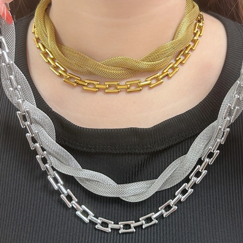 Collana E Bracciale In Maglia Intrecciata Grossolana Gioielli In Acciaio Inossidabile Per Donna Moda Esagerata Tono Oro Argento