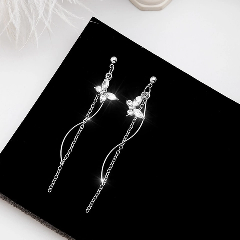 Boucles D-Oreilles Longues Pampilles Papillon Strass Avec Tige Argent Sterling 925 Chaine En S Elegante