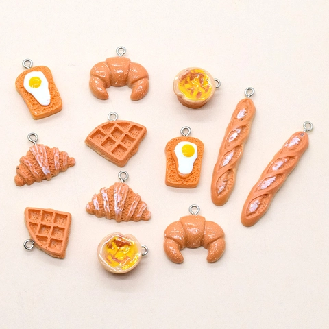 Simulation Bread Toast Egg Tart Croissant Waffle Charms Resin Food Miniature Pendants For DIY Jewelry Making Accessory