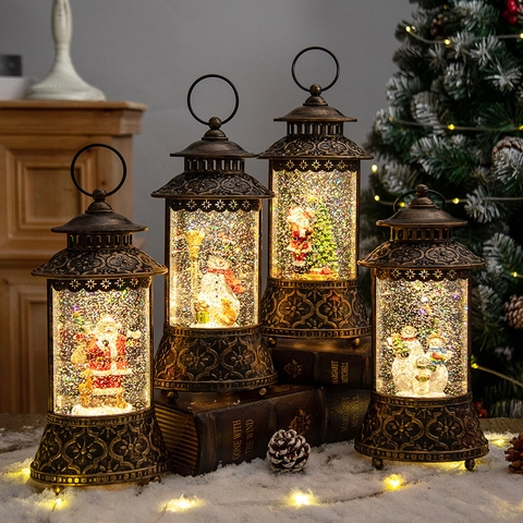 Linterna De Bola De Nieve De Navidad Luz LED Caja De Música Bronce Vintage PVC Lleno De Agua Purpurina Escena Festiva Decoración
