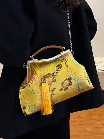 Borsa Ricamata Vintage Stile Cinese Con Manico In Legno Catena In Metallo Raso Floreale Kiss Lock Nappa Borsa A Tracolla