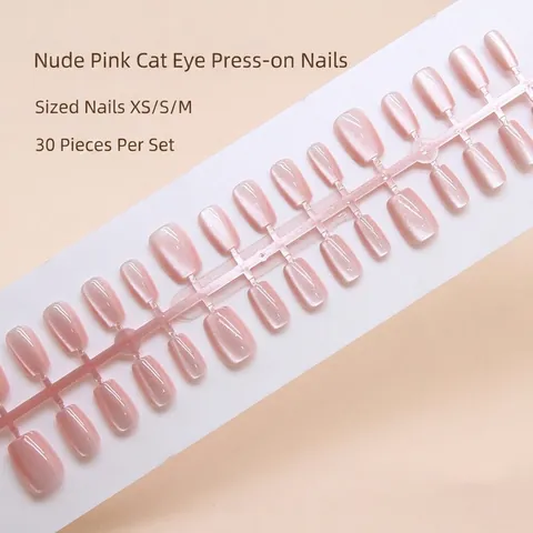 Press On Nägel Nude Rosa Katzenauge Effekt Kurz Ballerina Form Eis Durch Glänzend Künstliche Falsche Nägel Damen
