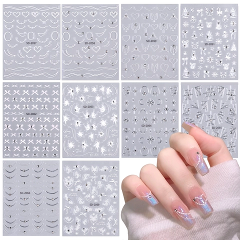 5D Relief Nagelkunst Aufkleber Weiße Spitze Blume Strass Selbstklebend Geprägte Maniküre Dekor Für Frauen