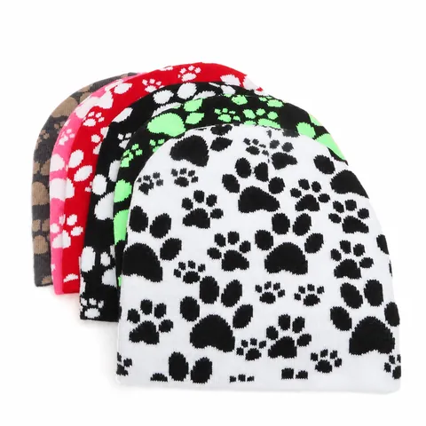 Women Men Winter Warm Knit Beanie Hat Acrylic Paw Print Jacquard Skull Cap Outdoor Casual Elastic Beanie Hat For Cold Weather