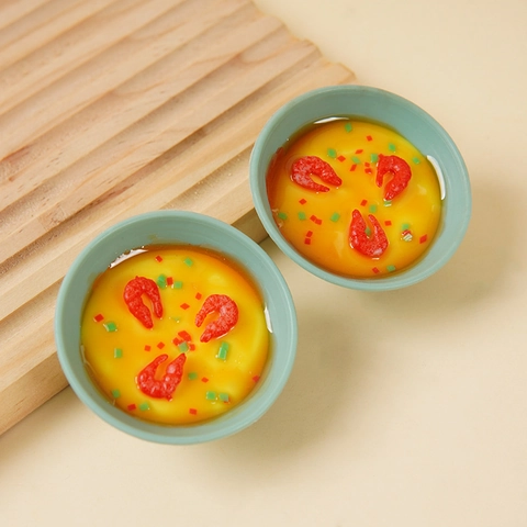 Modelo De Comida Miniatura Realista Huevo Al Vapor Con Camarones PVC Llavero Para Cocina Accesorios Fotografía Decoración