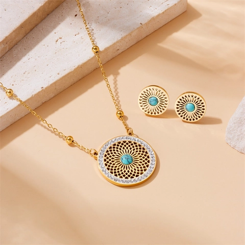 Gioielli Etnici Vintage Collana E Orecchini Filigrana Rotonda Cava Acciaio Inossidabile Turchese Zircone Placcato Oro Donna