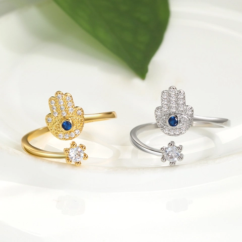Bohemian Evil Eye Hamsa Hand Open Ring For Women Adjustable Copper Zirconia Gold Silver Plated Finger Ring Jewelry Gift