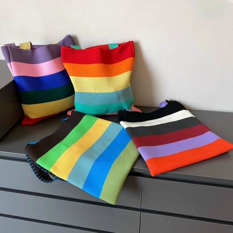 Borsa Tote In Maglia Da Donna Strisce Arcobaleno Grande Capacità Poliestere Intrecciato Colore A Contrasto Borsa A Spalla