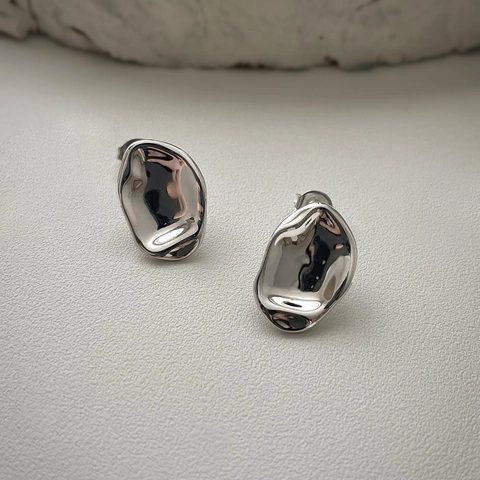 925 Sterling Silver Irregular Liquid Metal Stud Earrings Minimalist Organic Wrinkled Design Chic Jewelry For Women