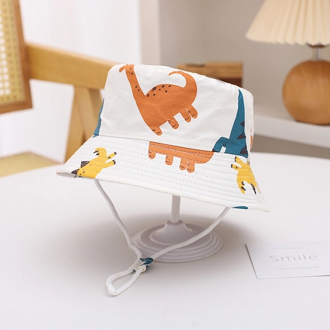 Kids Bucket Hat Cotton Blend Sun Protection Adjustable Windproof Drawstring Cartoon Animal Print Toddler Boys Girls