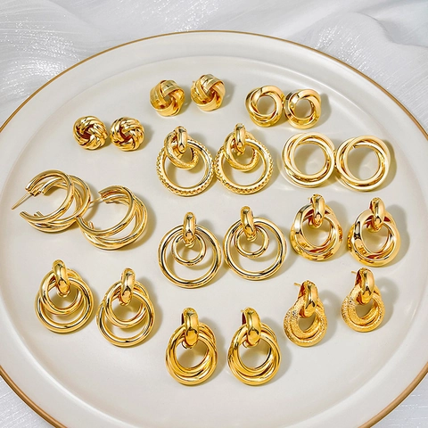 Gold Tone Geometric Stud Hoop Earrings For Women Iron Fashion Jewelry With Stainless Steel Earring Post Vintage Design