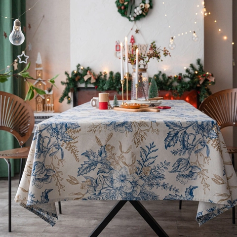 Christmas Printed Tablecloth American Style Rectangular Blended Fabric Table Cloth Holiday Party Home Dining Decor Pine Cone Flower Pattern Dustproof Cover