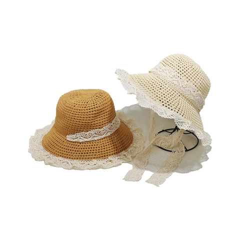 Damen Strohhut Papier Gehäkelt Große Krempe Weiße Spitze Elegant Sommer Strand Urlaub Lange Bänder Vintage Stil