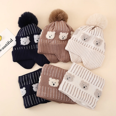 Kids Knit Hat And Neck Warmer Acrylic Bear Pattern Winter Warm Fleece Lined Ear Protection For Boys Girls