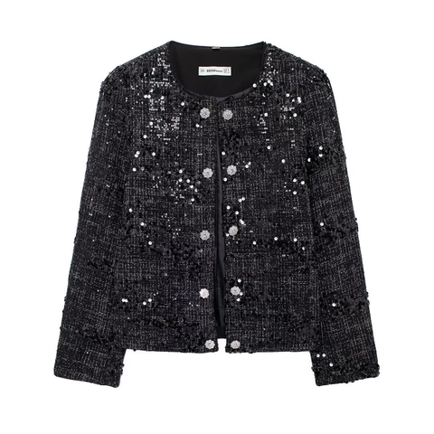 Veste En Tweed À Paillettes Pour Femme Col Rond Manches Longues Boutons Strass Élégant Blazer Style Dame