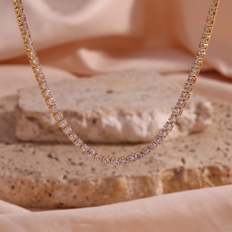 Collier Tennis en Cuivre et Strass pour Femmes Élégant Minimaliste Micro Pave Chaîne Collier Bijoux de Mode de Navette