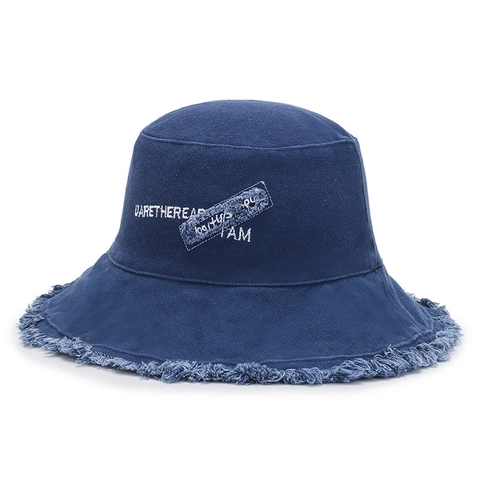Bucket Hat Frayed Edge Cotton Canvas Summer Sun Protection Street Style Embroidered Patch For Women